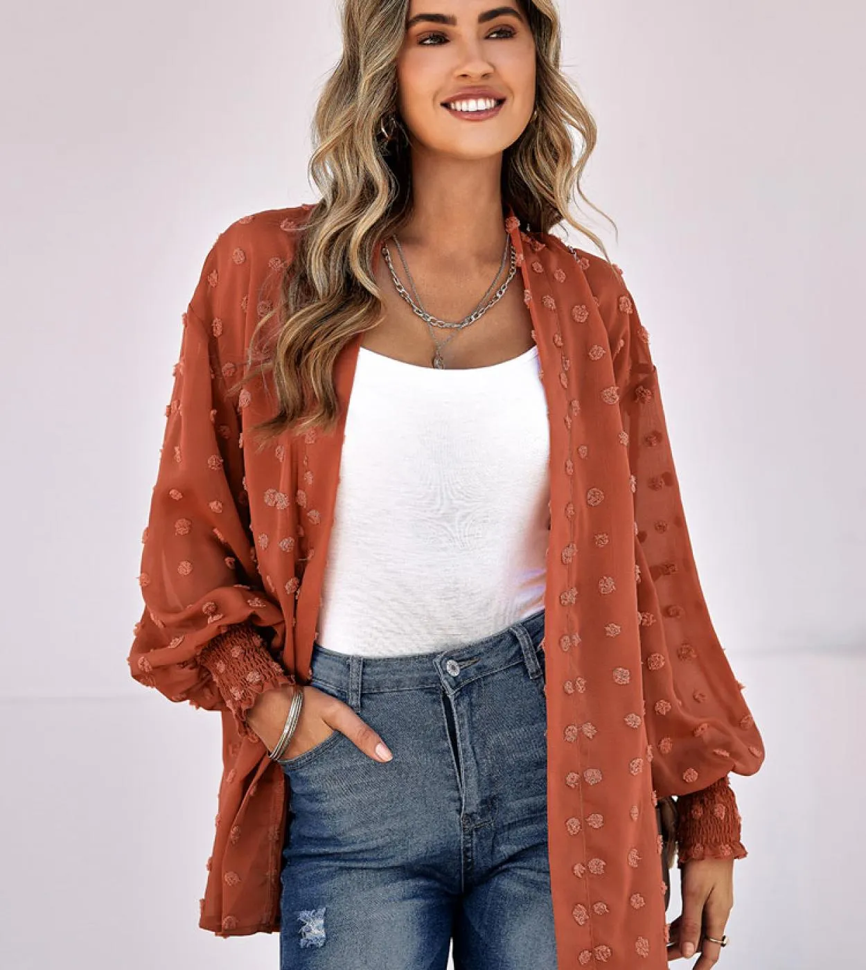 Camicie da donna in chiffon jacquard moda Cappotto cardigan sottile Maglia trasparente 2022 Autunno scollo a V Top Abbigliamento