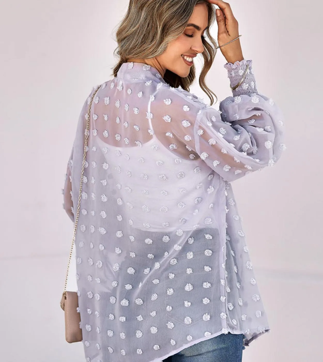 Camicie da donna in chiffon jacquard moda Cappotto cardigan sottile Maglia trasparente 2022 Autunno scollo a V Top Abbigliamento