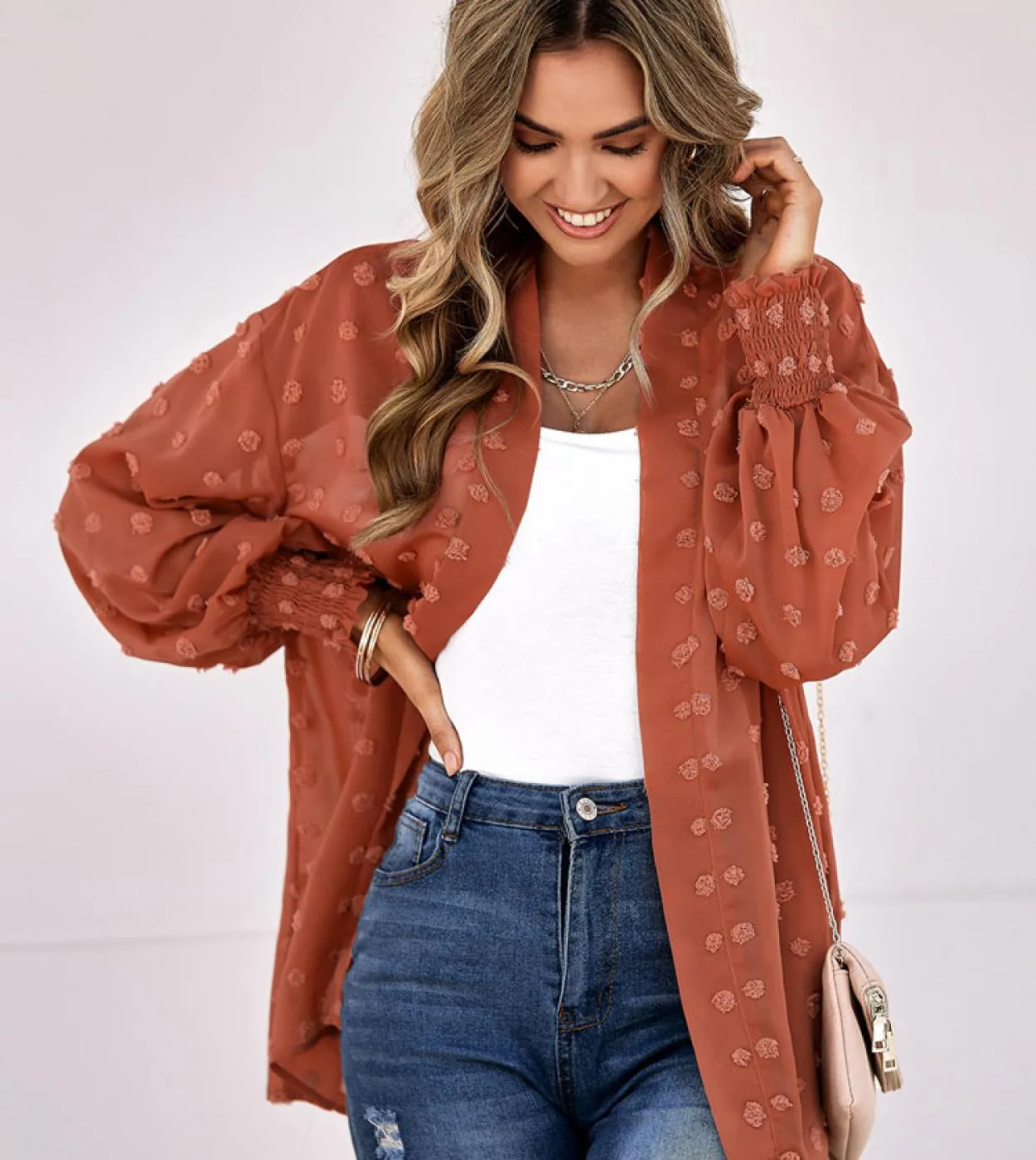 Camicie da donna in chiffon jacquard moda Cappotto cardigan sottile Maglia trasparente 2022 Autunno scollo a V Top Abbigliamento