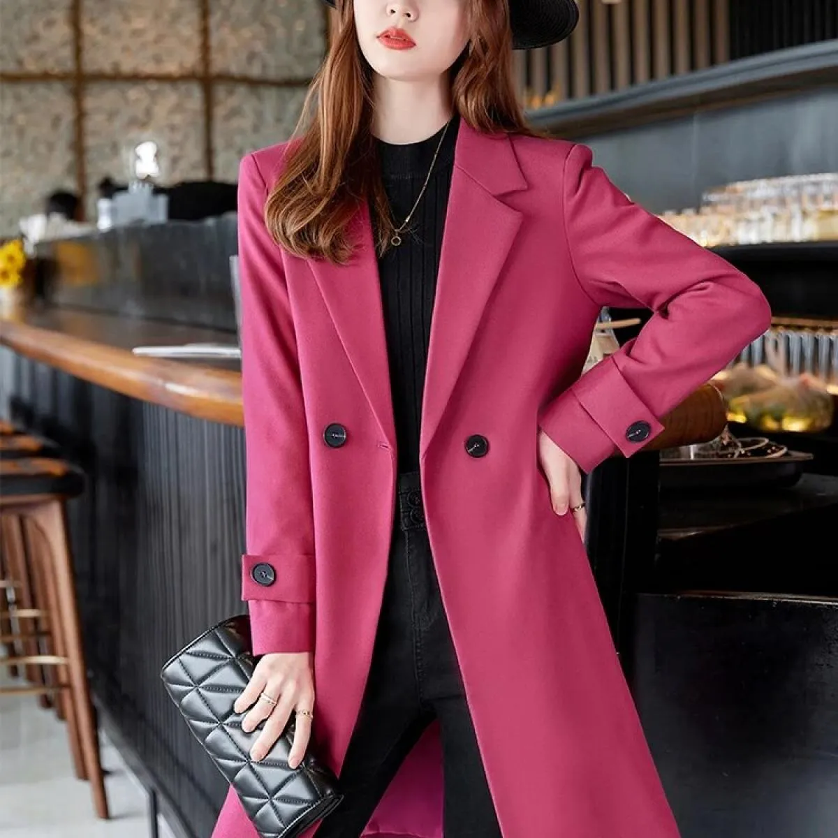 Cappotto da donna autunno inverno da lavoro da lavoro blazer formale da donna femminile rosa nero blu scuro solido giacca lunga