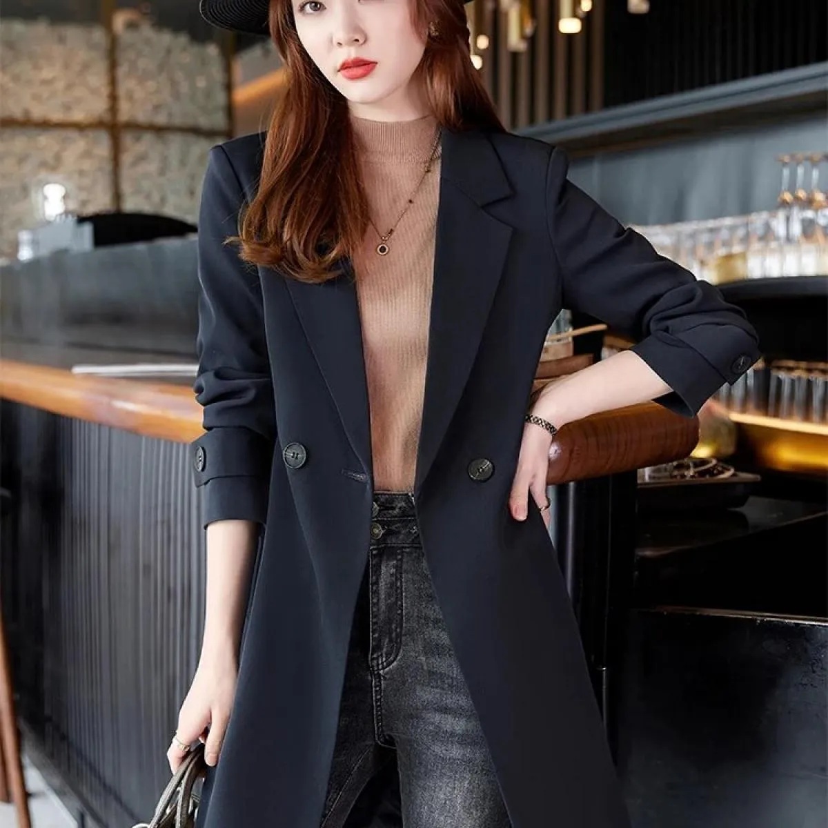 Cappotto da donna autunno inverno da lavoro da lavoro blazer formale da donna femminile rosa nero blu scuro solido giacca lunga