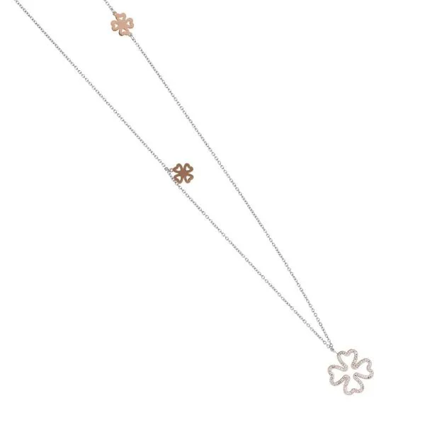 Collana in acciaio rosa con pendente a fiore di strass    