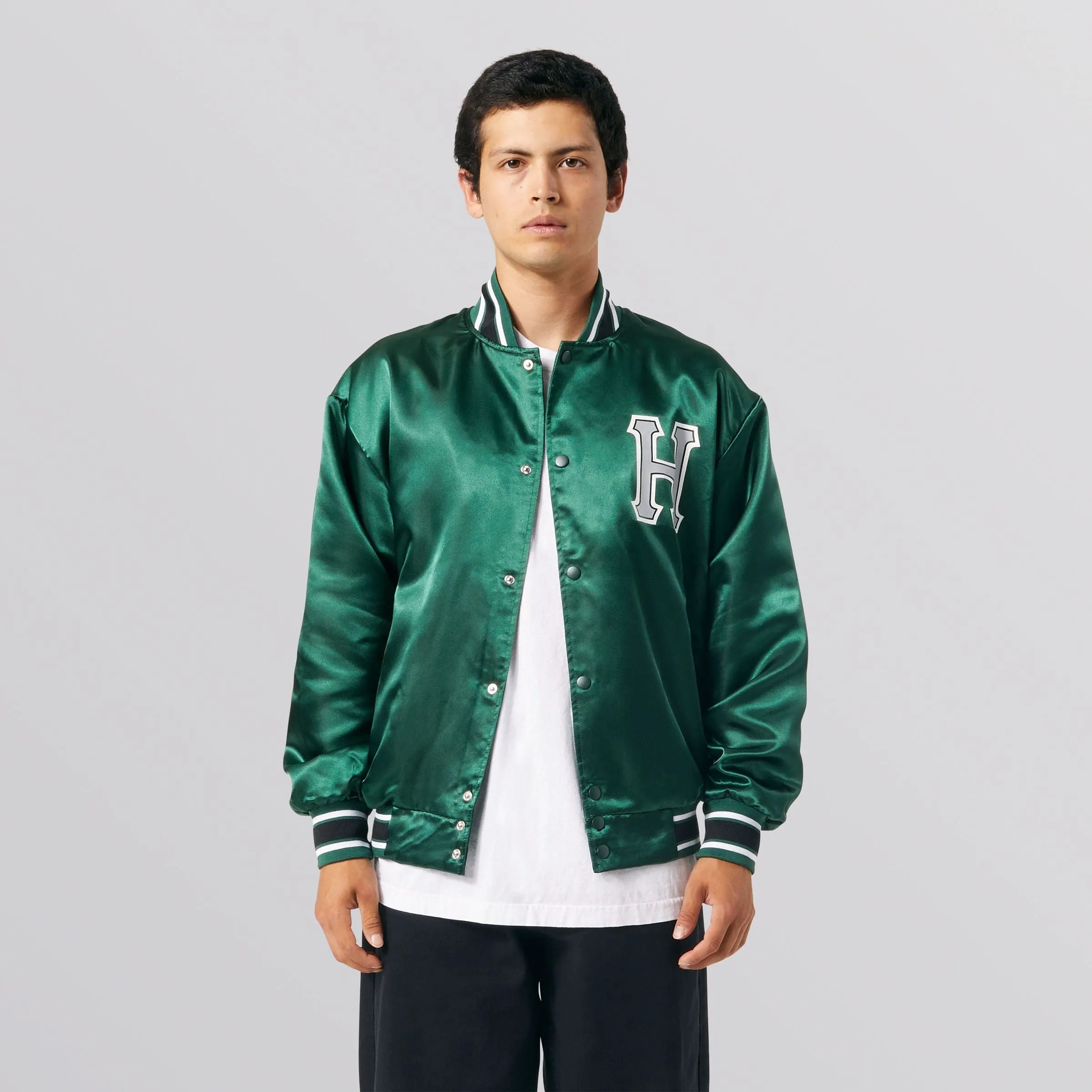 CRACKERJACK SATIN BASEBALL JACKET - FOREST GREEN