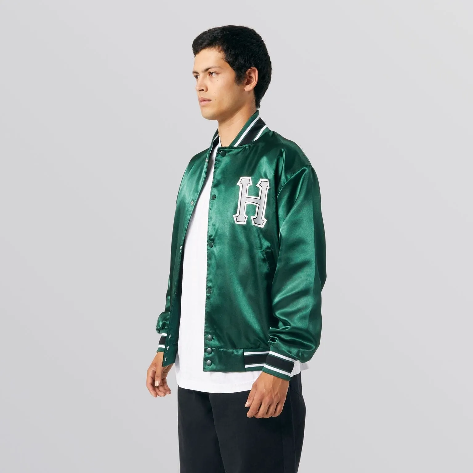 CRACKERJACK SATIN BASEBALL JACKET - FOREST GREEN