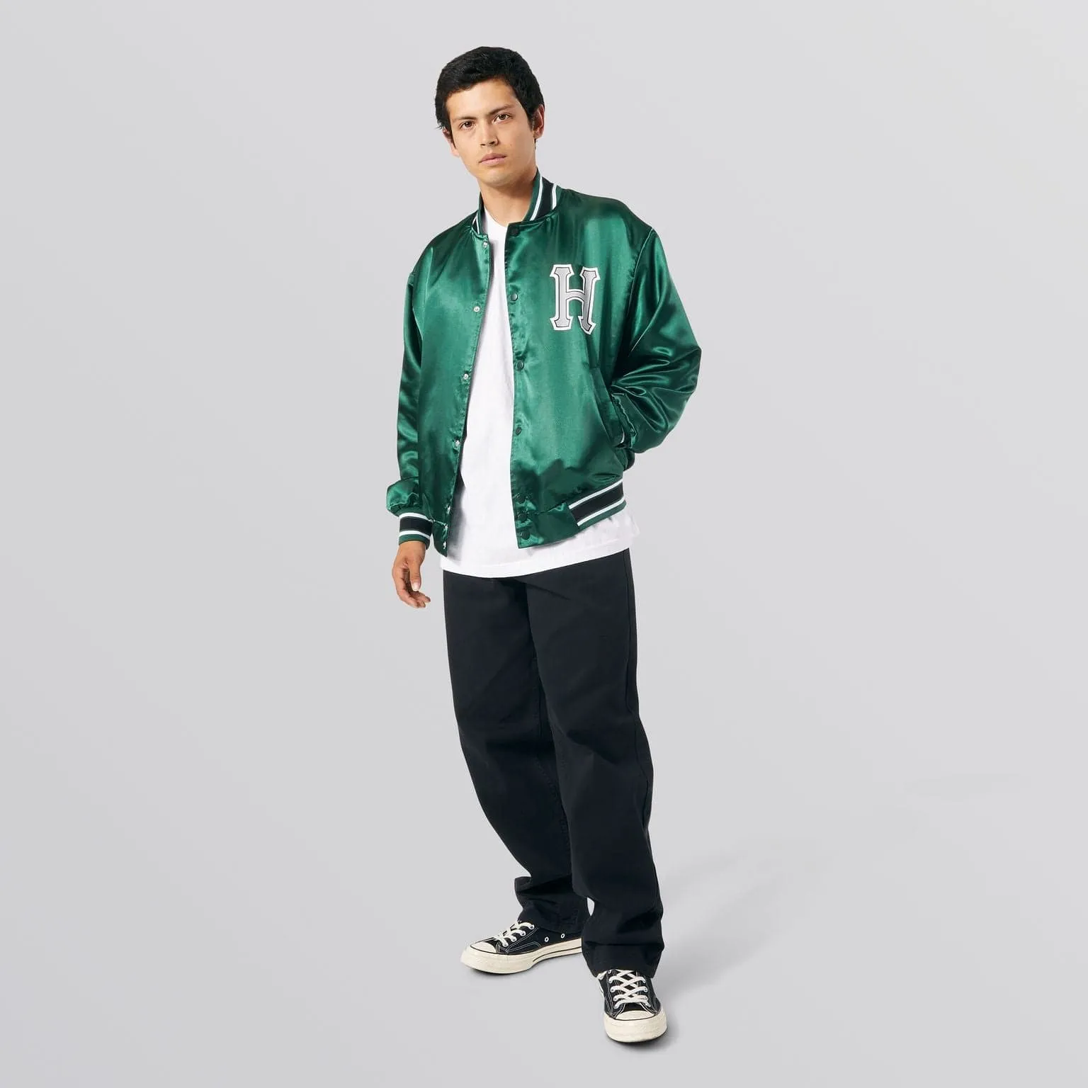 CRACKERJACK SATIN BASEBALL JACKET - FOREST GREEN