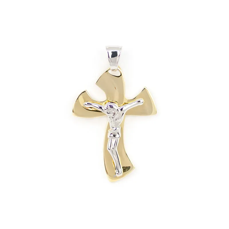 Croce bicolore in oro giallo e oro bianco con Gesù