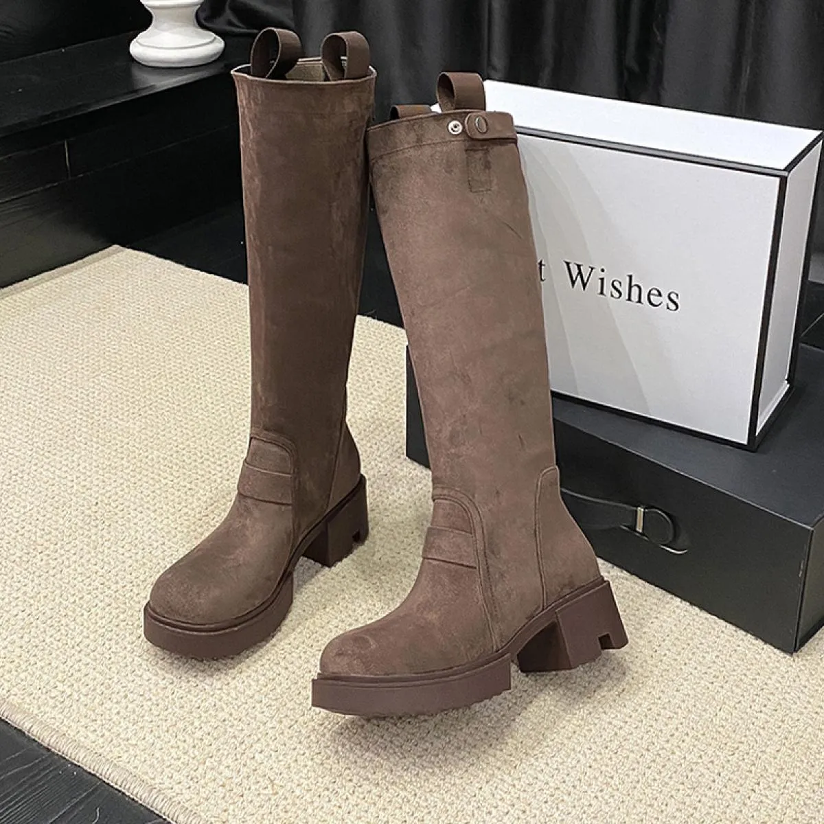 Donna Inverno Tacco medio Stivali Chelsea Piattaforma Scarpe alte al ginocchio Nuova tendenza 2023 Stivali da moto Fad Goth Pell