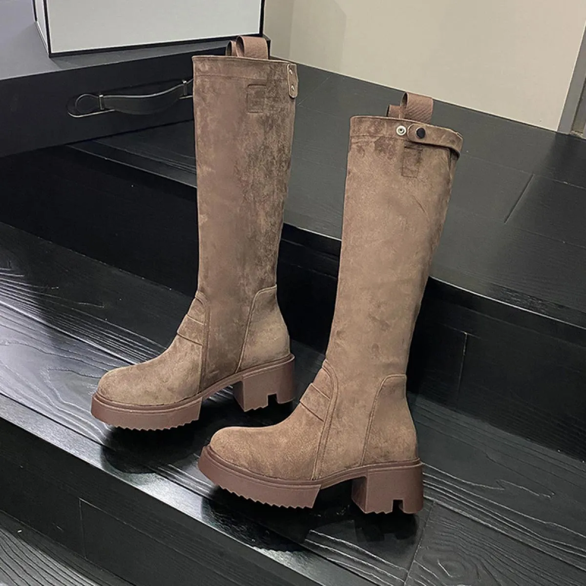 Donna Inverno Tacco medio Stivali Chelsea Piattaforma Scarpe alte al ginocchio Nuova tendenza 2023 Stivali da moto Fad Goth Pell