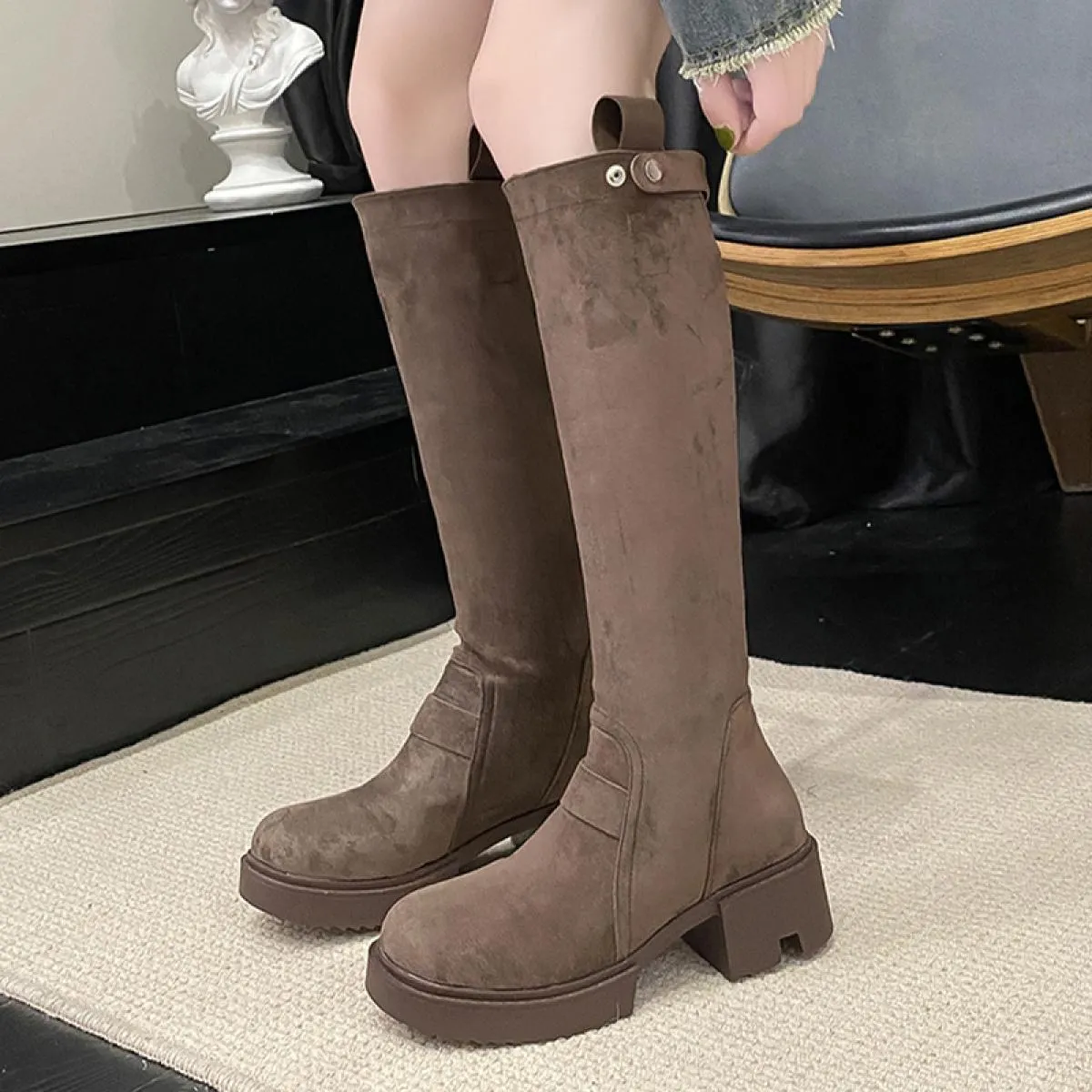 Donna Inverno Tacco medio Stivali Chelsea Piattaforma Scarpe alte al ginocchio Nuova tendenza 2023 Stivali da moto Fad Goth Pell