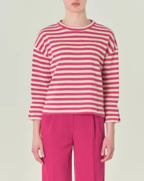 Felpa boxy ecrù in misto cotone a righe fucsia