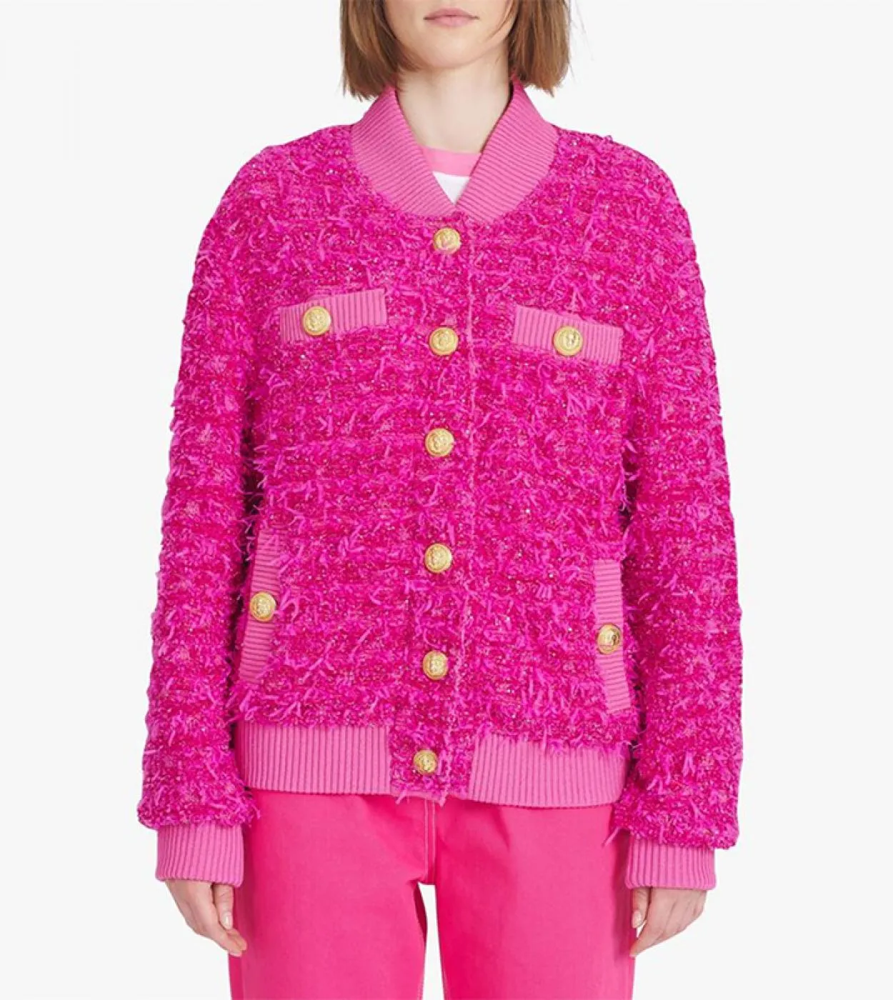 Giacca da baseball lavorata a maglia rosa caldo 2022 autunno inverno nuovo design moda cappotto da baseball in maglia con botton