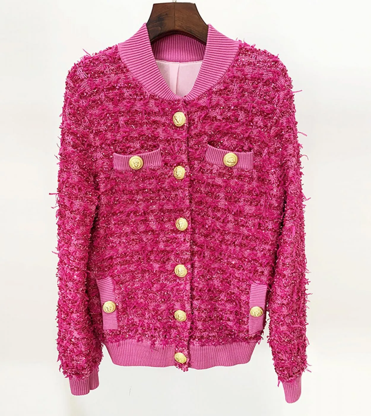 Giacca da baseball lavorata a maglia rosa caldo 2022 autunno inverno nuovo design moda cappotto da baseball in maglia con botton
