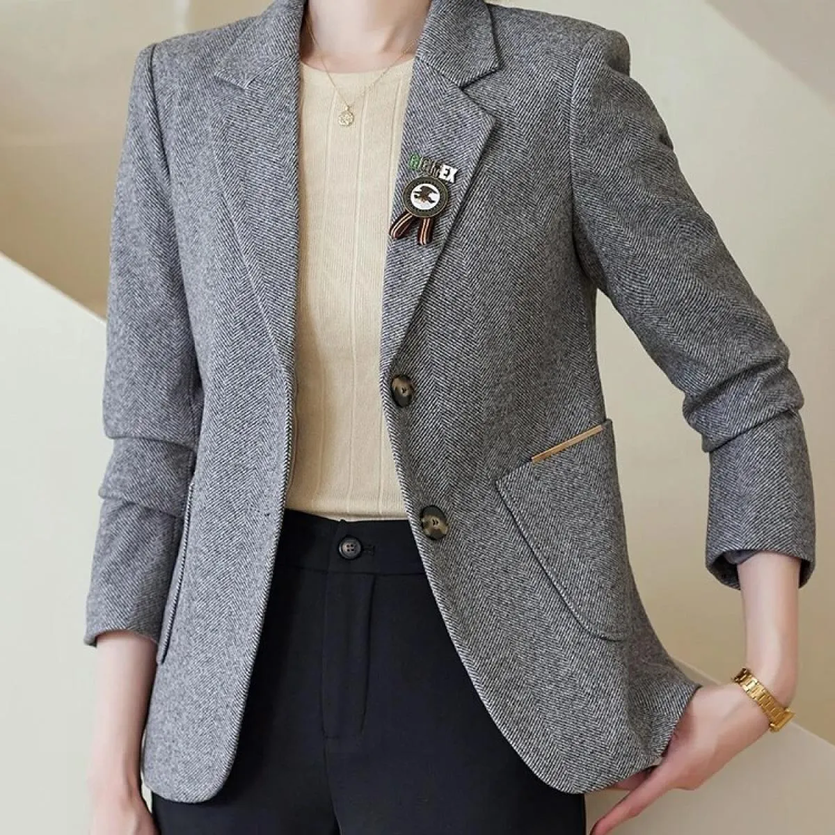 Giacca da donna formale autunno inverno nuovo arrivo Giacca da donna formale grigio albicocca Cappotto da lavoro da lavoro femmi