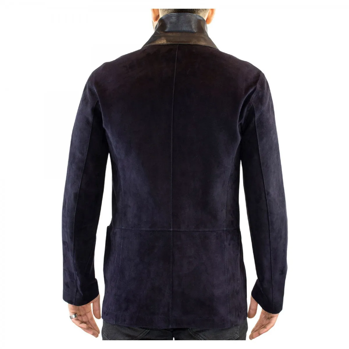 Giacca elegante reversibile da uomo fatta a mano in pelle di renna e agnello blu con bottoni