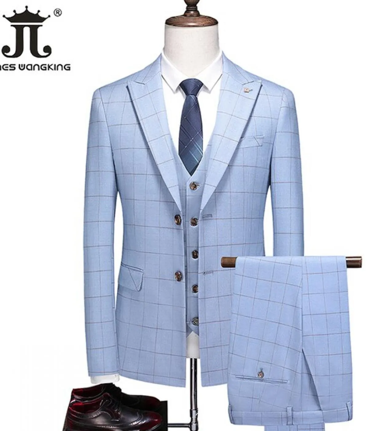 giacca  gilet  pantaloni Abito scozzese blu 3 pezzi Abito da sposa sposo Business Casual da uomo Abbigliamento da lavoro soc