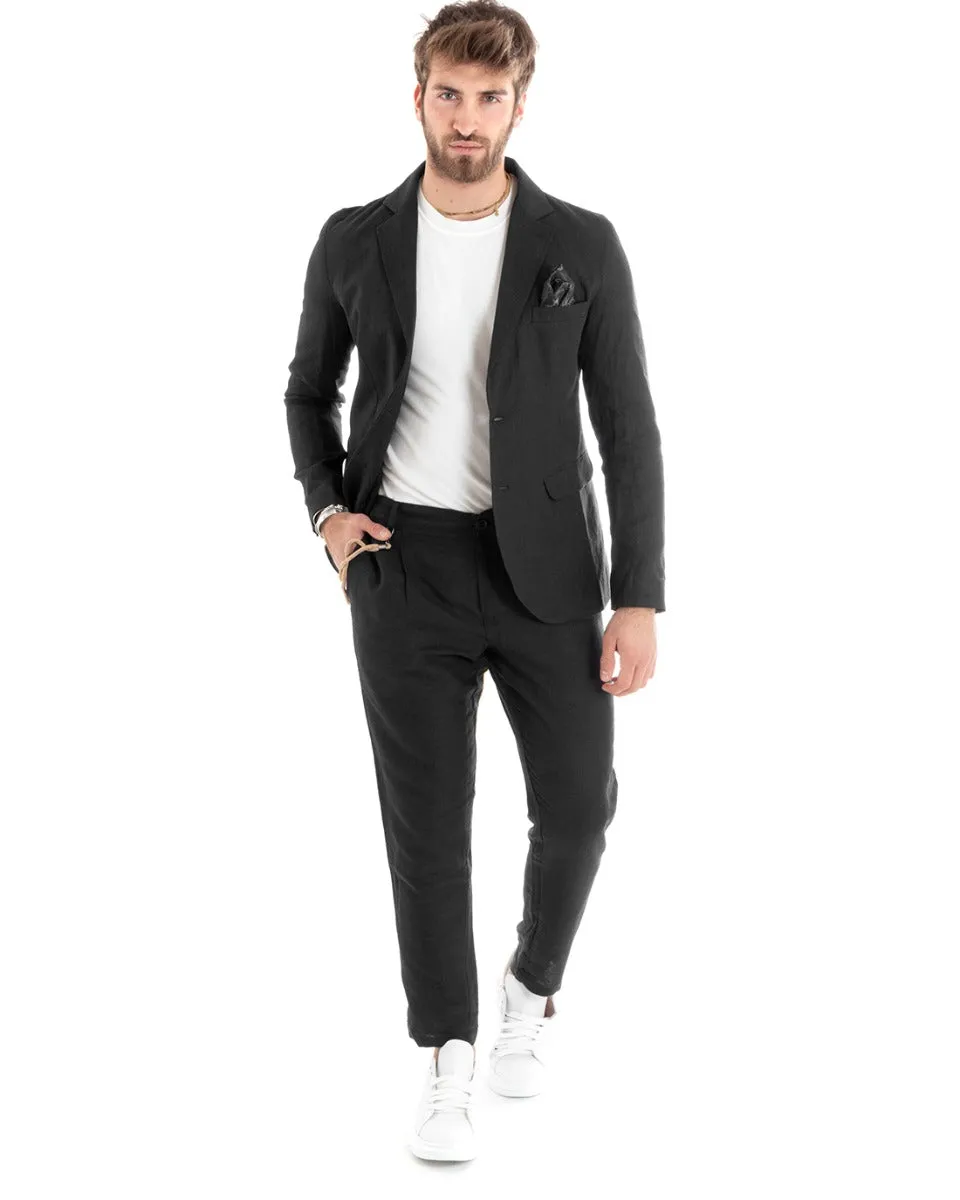 Giacca Uomo Monopetto Lino Tinta Unita Nero Sartoriale Cerimonia Elegante Casual GIOSAL-G3056A