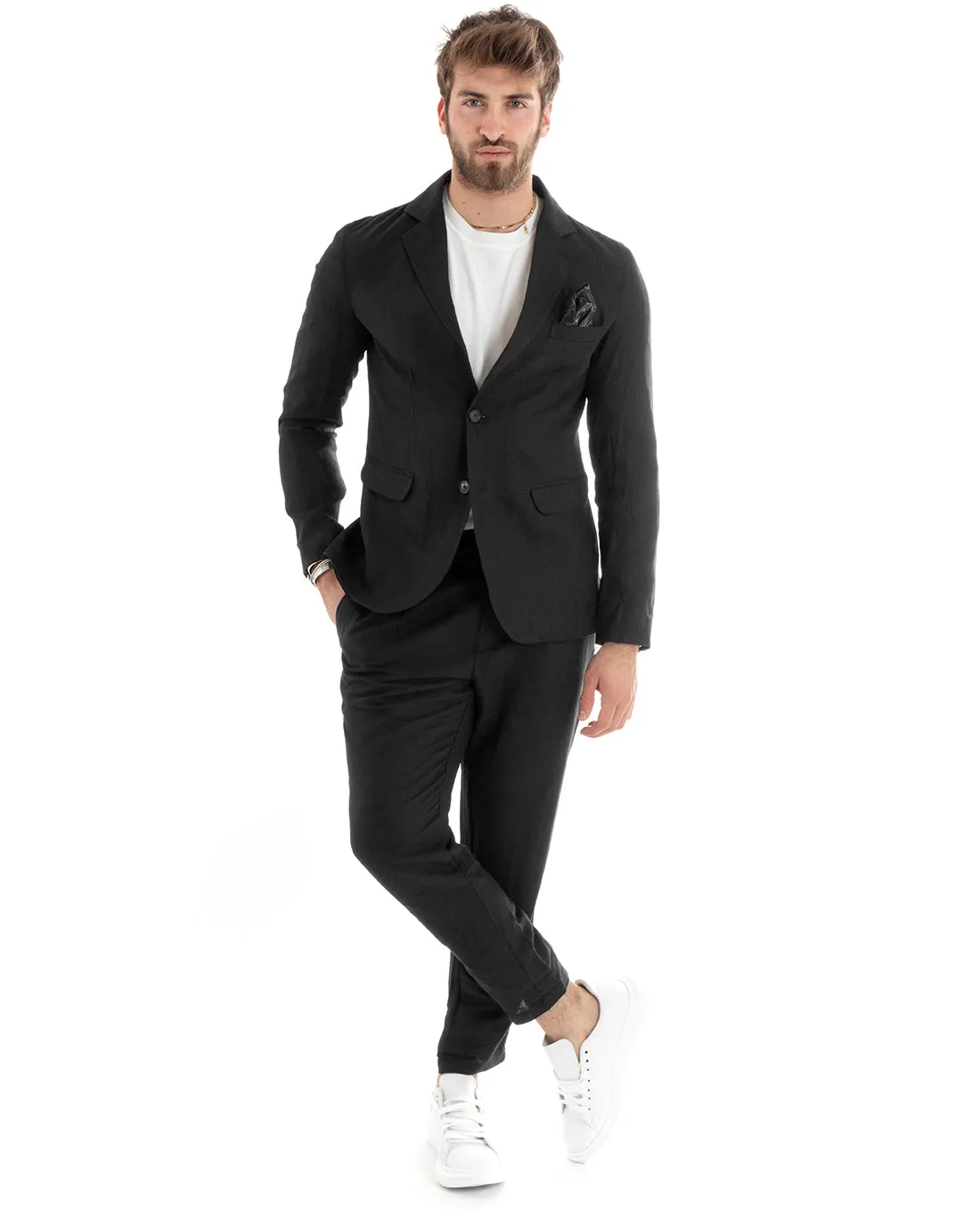 Giacca Uomo Monopetto Lino Tinta Unita Nero Sartoriale Cerimonia Elegante Casual GIOSAL-G3056A