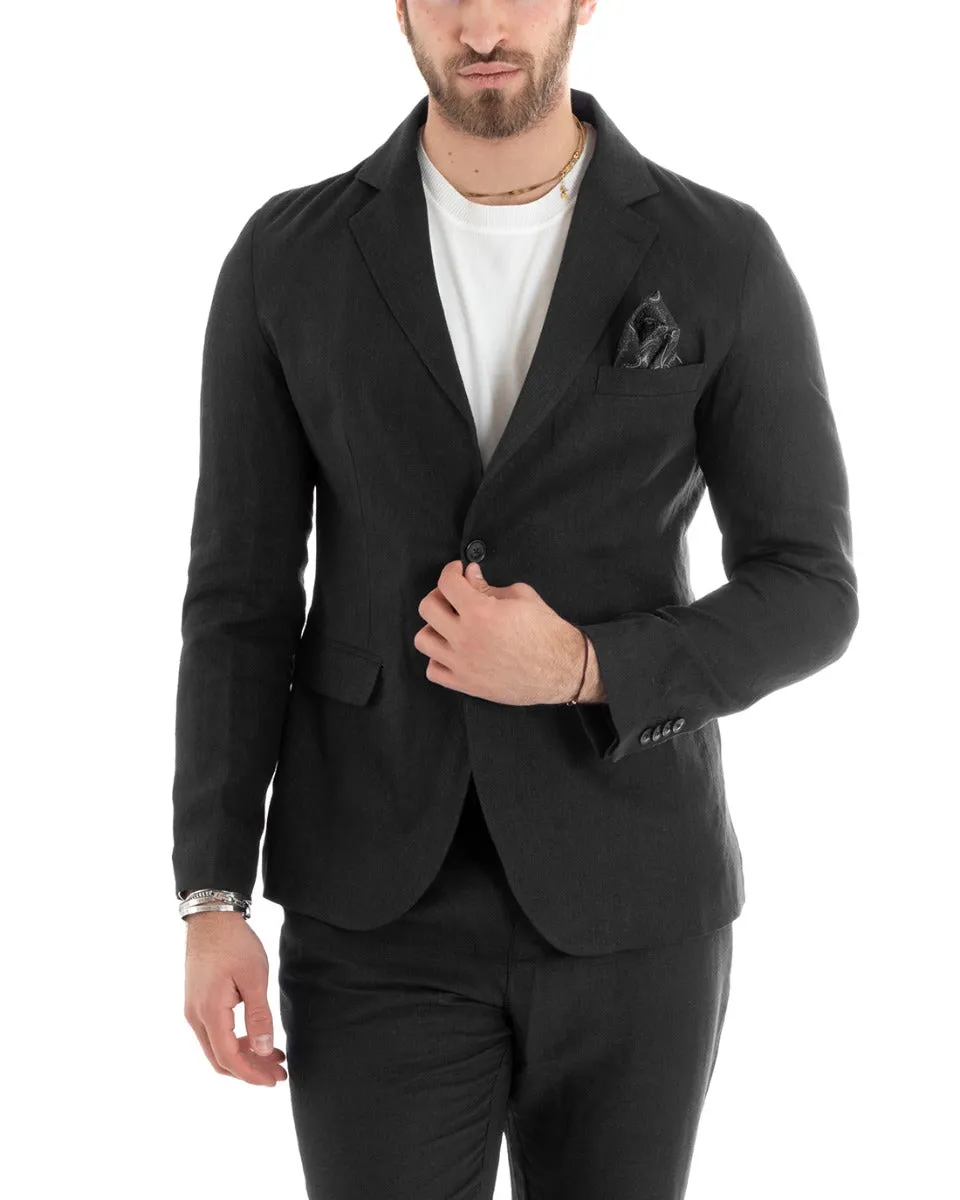 Giacca Uomo Monopetto Lino Tinta Unita Nero Sartoriale Cerimonia Elegante Casual GIOSAL-G3056A