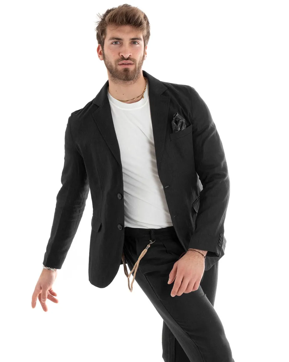 Giacca Uomo Monopetto Lino Tinta Unita Nero Sartoriale Cerimonia Elegante Casual GIOSAL-G3056A