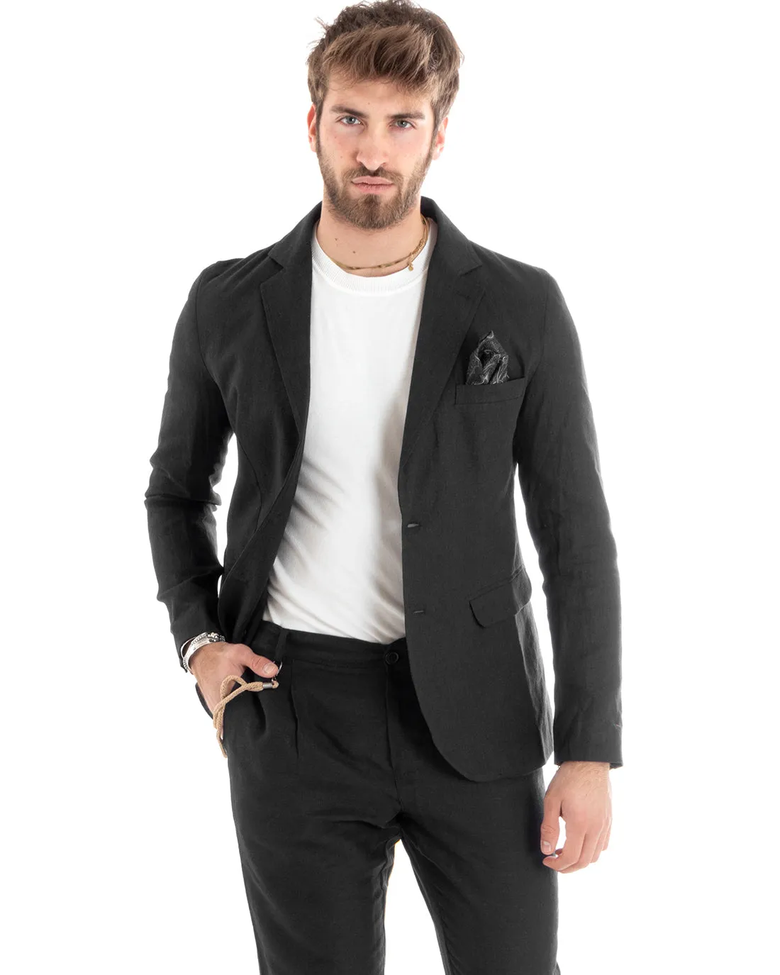 Giacca Uomo Monopetto Lino Tinta Unita Nero Sartoriale Cerimonia Elegante Casual GIOSAL-G3056A