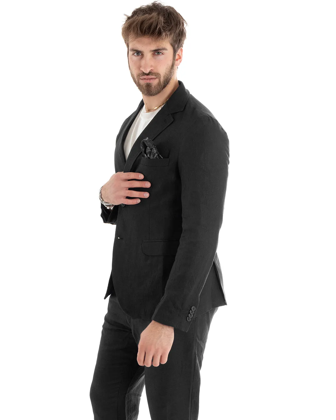 Giacca Uomo Monopetto Lino Tinta Unita Nero Sartoriale Cerimonia Elegante Casual GIOSAL-G3056A