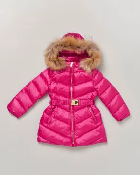 Giaccone fucsia in nylon trapuntato con cappuccio removibile con pelliccia e cinturino in vita 3-7 anni