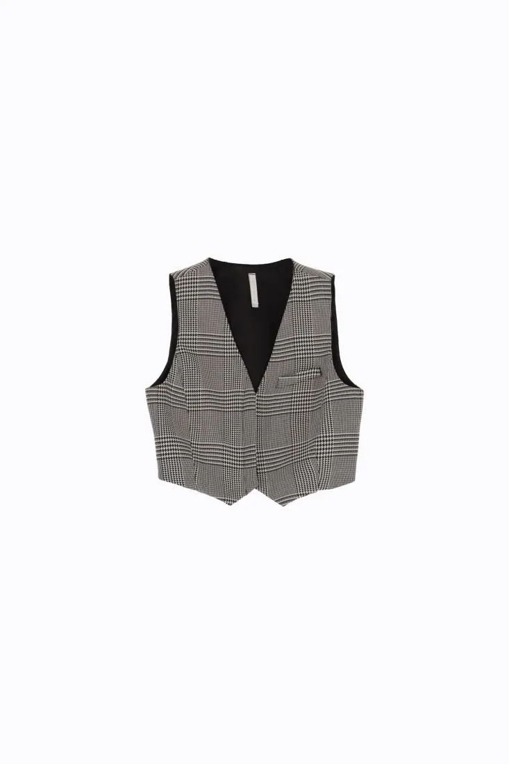 Gilet cropped fantasia pied-de-poule con taschino