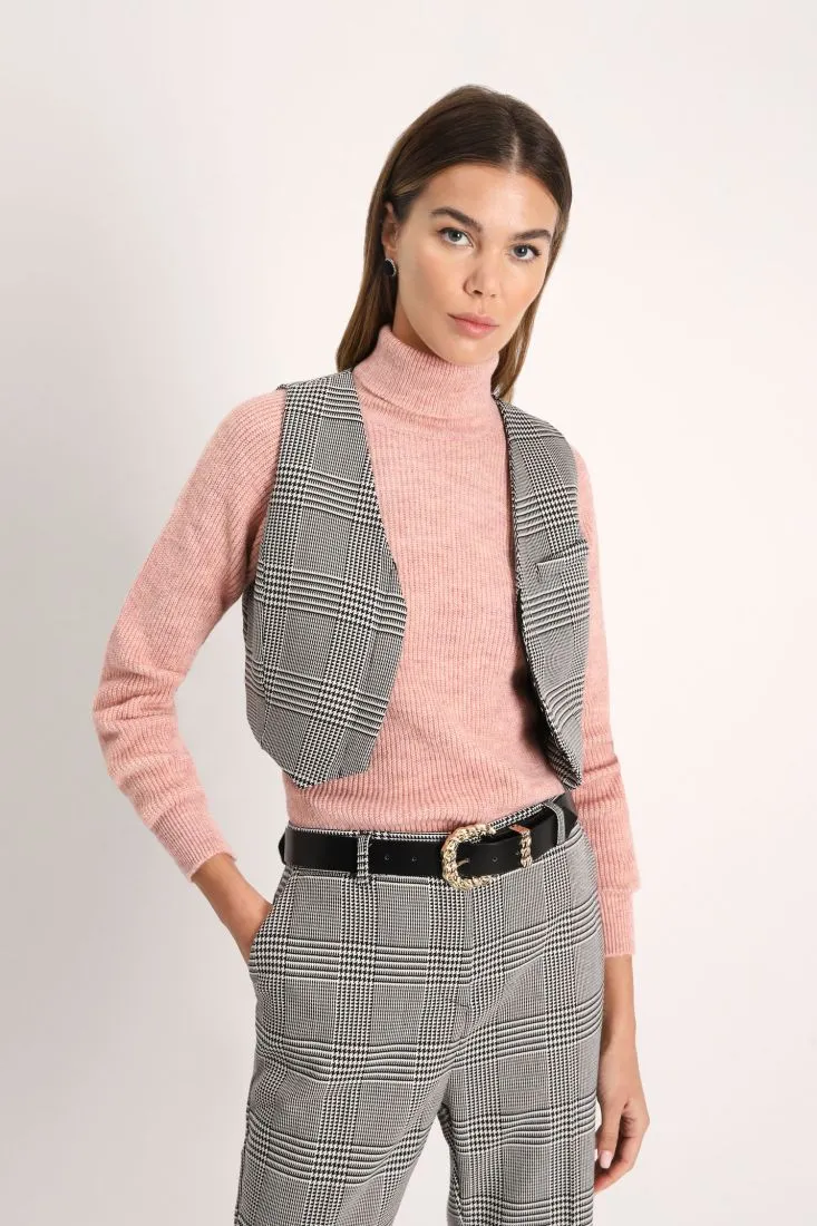 Gilet cropped fantasia pied-de-poule con taschino