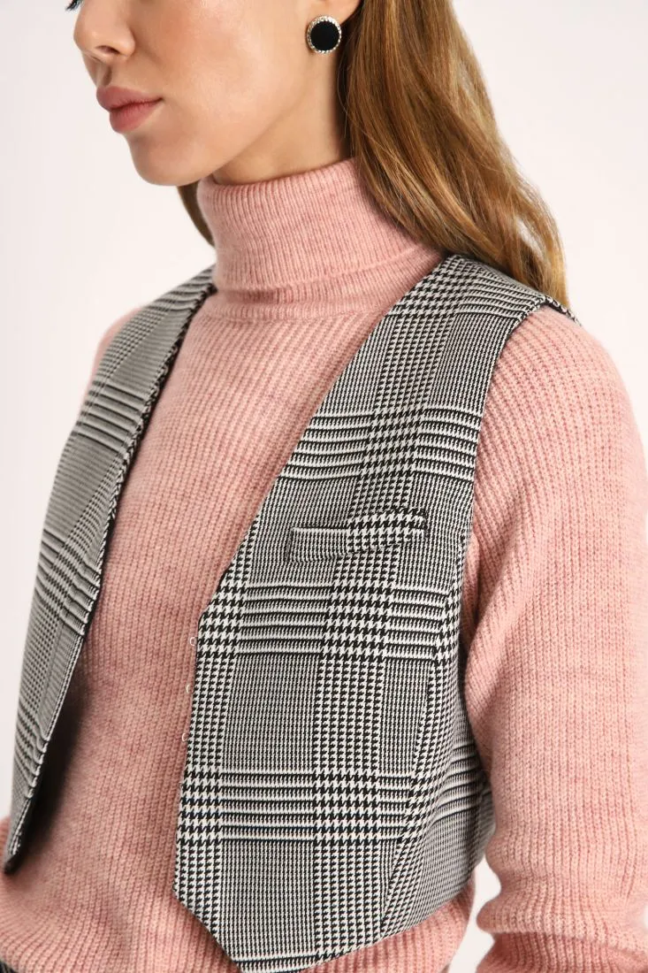 Gilet cropped fantasia pied-de-poule con taschino