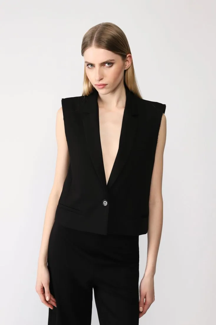 Gilet cropped monopetto monocolour con revers classici