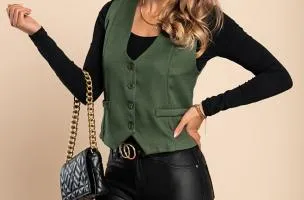 Gilet elegante con bottoni, color kaki