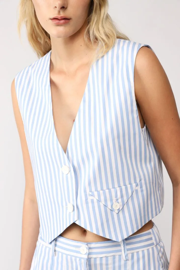Gilet monopetto cropped a righe con taschino a filetto
