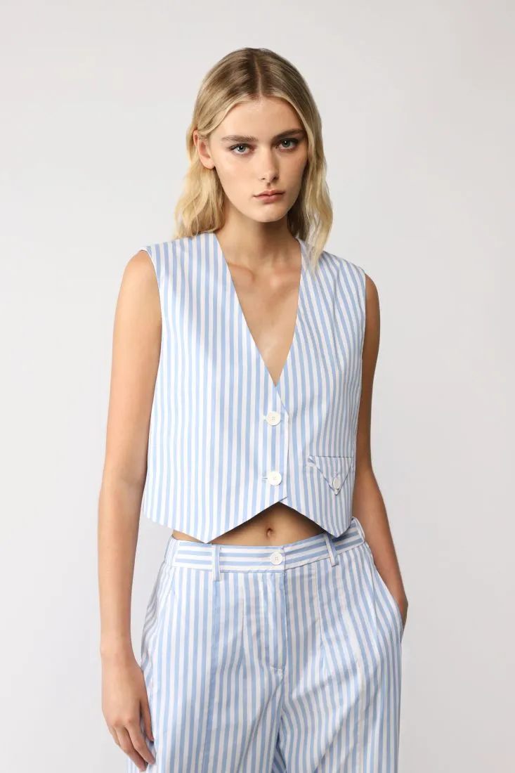 Gilet monopetto cropped a righe con taschino a filetto