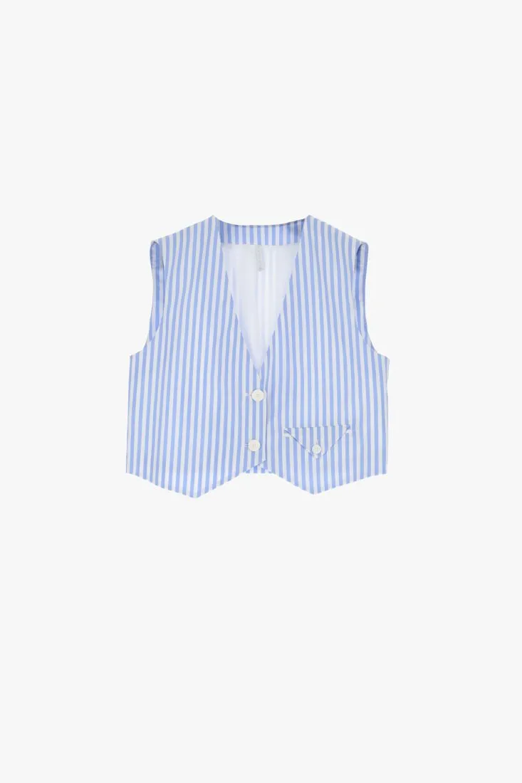 Gilet monopetto cropped a righe con taschino a filetto