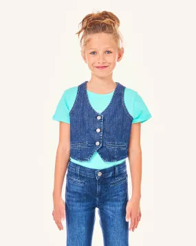 Gilet monopetto in denim di cotone stretch a lavaggio medio 10-16 annni