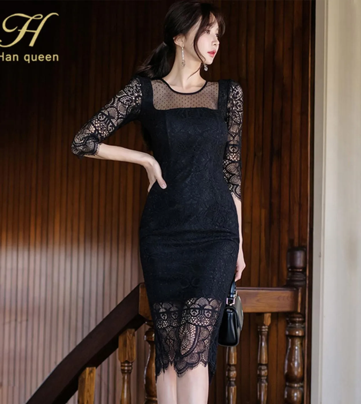 H Han Queen vendita calda metà abito in pizzo estate semplice scava fuori vestito nero bianco elegante moda abiti da matita per