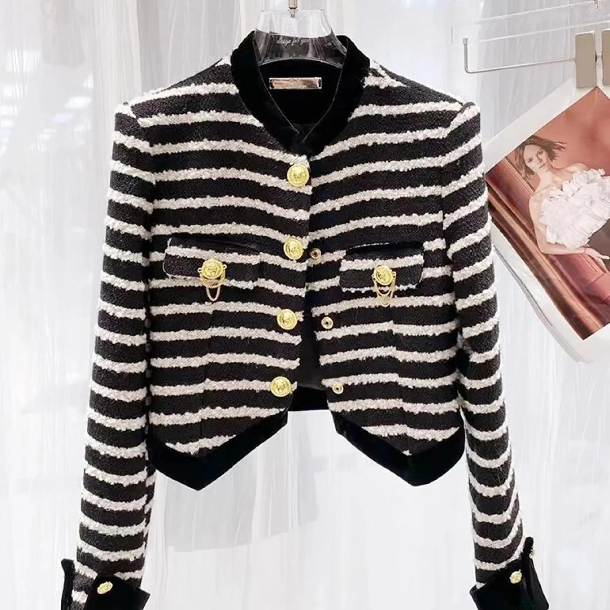 High Street Newest 2023 Autunno Inverno Designer Moda Donna Patchwork a righe Piccola giacca profumata