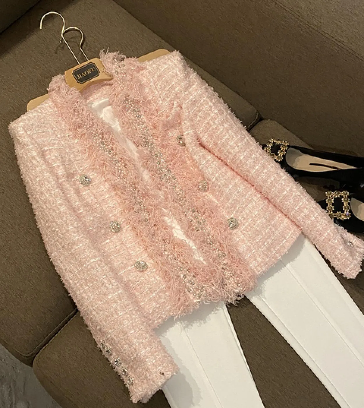 June Lips High Street Winter Women Pink Tweed Jacket Cardigan Nappa che borda il cappotto spesso dolce di qualità di lusso alli