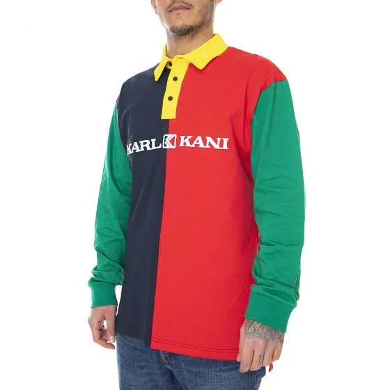 Karl Kani Mens Retro Block Rugby Polo Shirt - Red / Navy / Green - Polo Maniche Lunghe Uomo Multicolore    