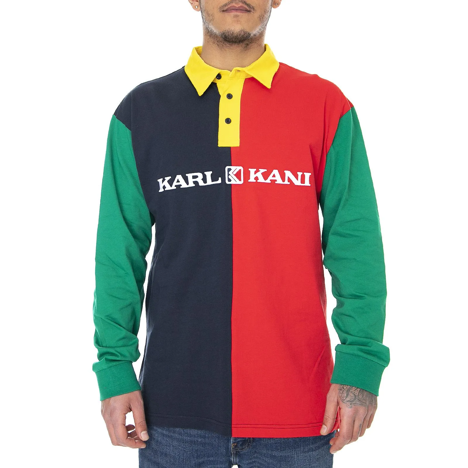 Karl Kani Mens Retro Block Rugby Polo Shirt - Red / Navy / Green - Polo Maniche Lunghe Uomo Multicolore    