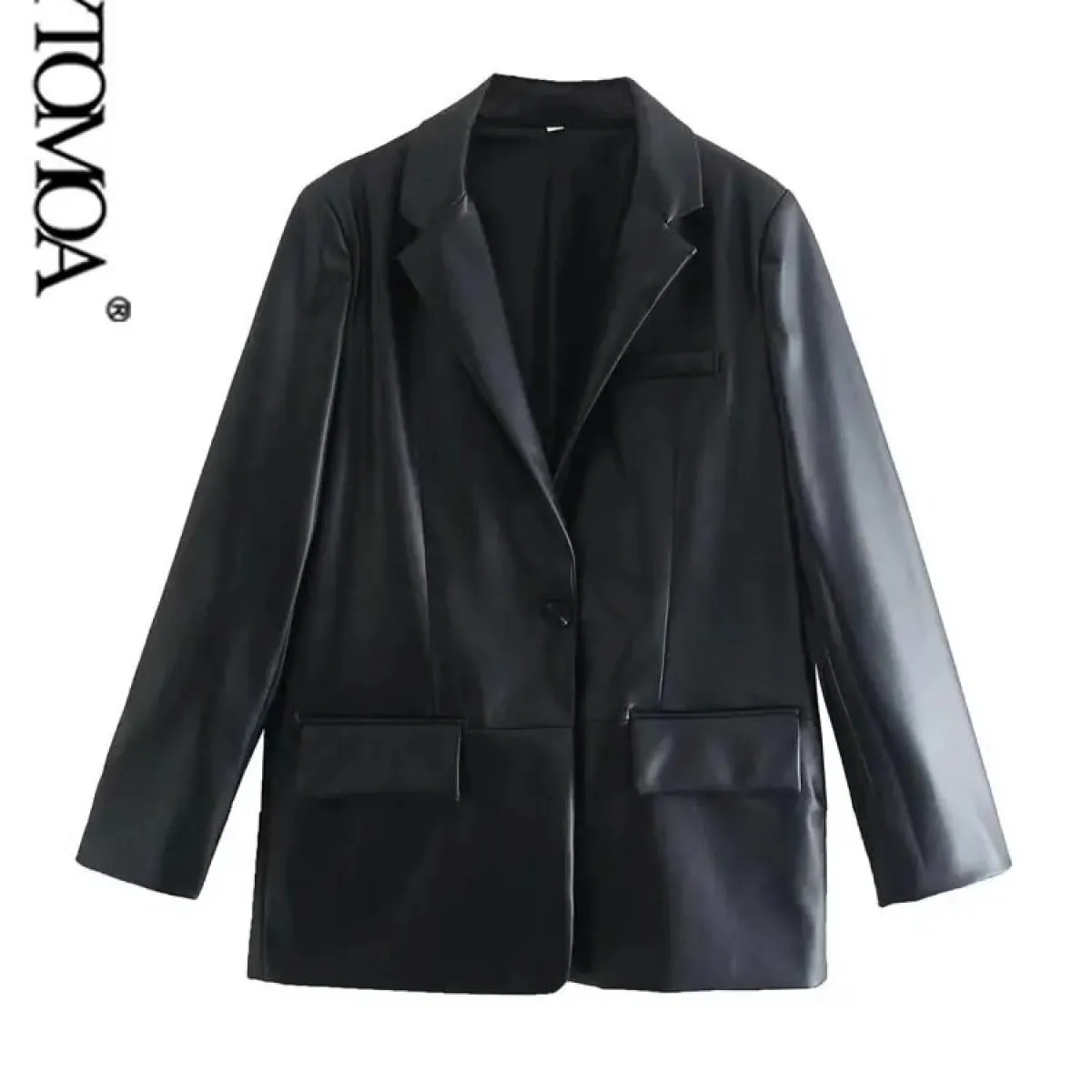 Kpytomoa Donna Moda Ecopelle Uni Blazer Cappotto Vintage Manica lunga Tasche con patta Capispalla femminile Chic Veste Femme
