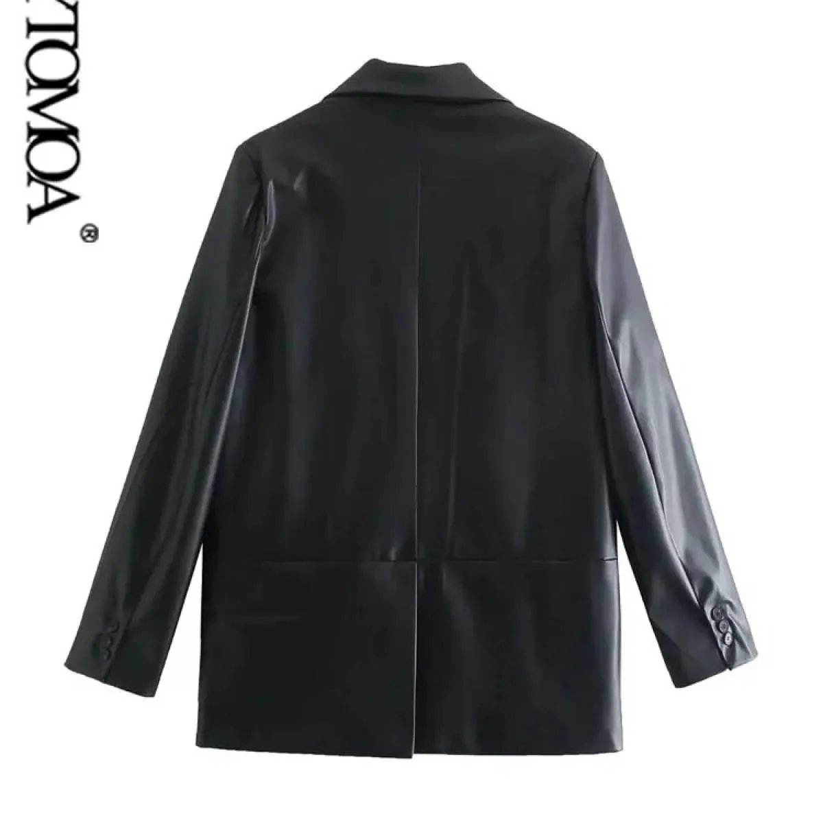 Kpytomoa Donna Moda Ecopelle Uni Blazer Cappotto Vintage Manica lunga Tasche con patta Capispalla femminile Chic Veste Femme