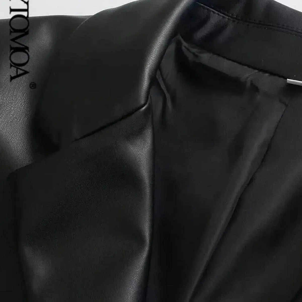 Kpytomoa Donna Moda Ecopelle Uni Blazer Cappotto Vintage Manica lunga Tasche con patta Capispalla femminile Chic Veste Femme