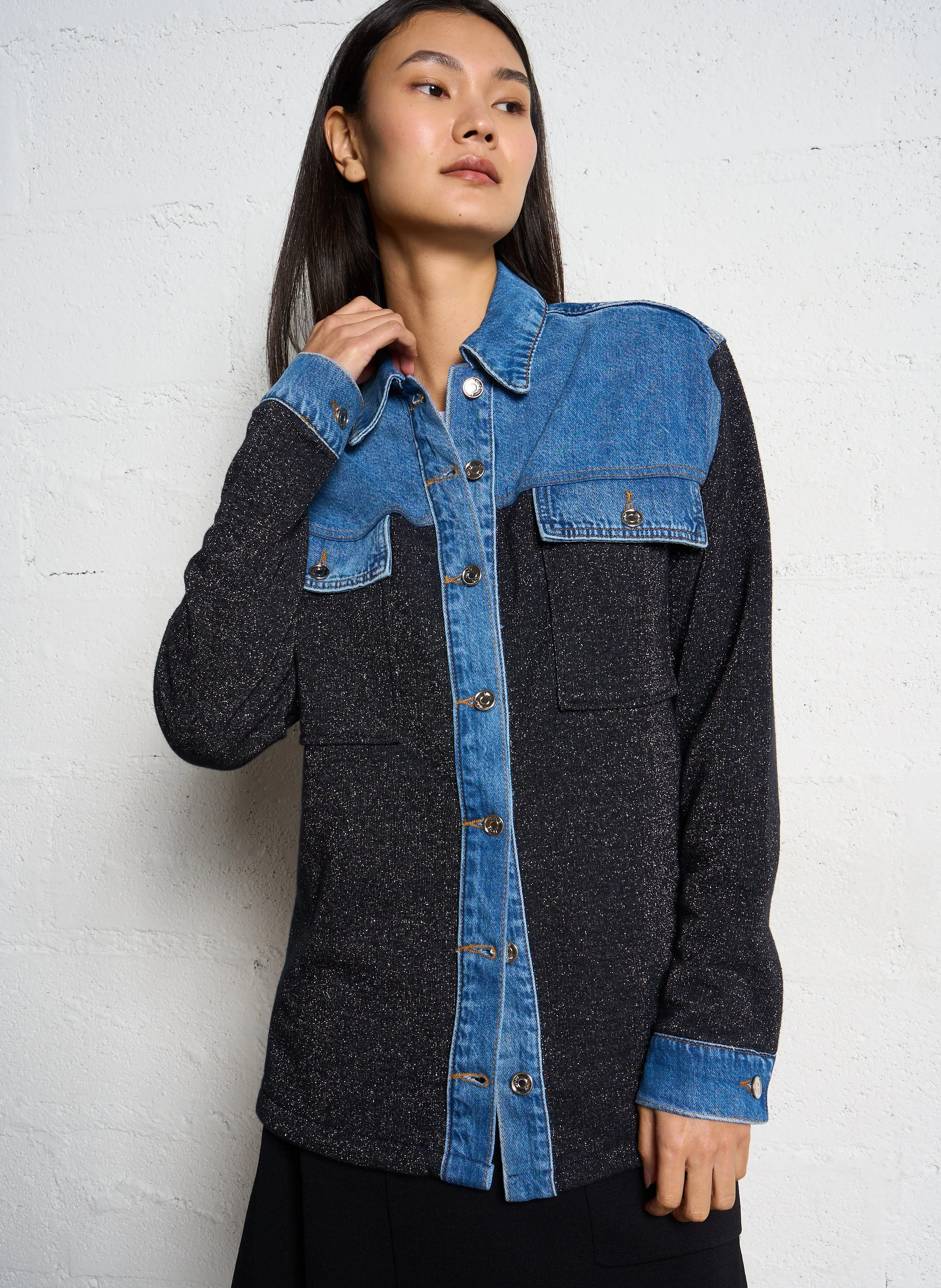  LIU JO   Camicia sovrapposta bimateriale in misto cotone | Blu