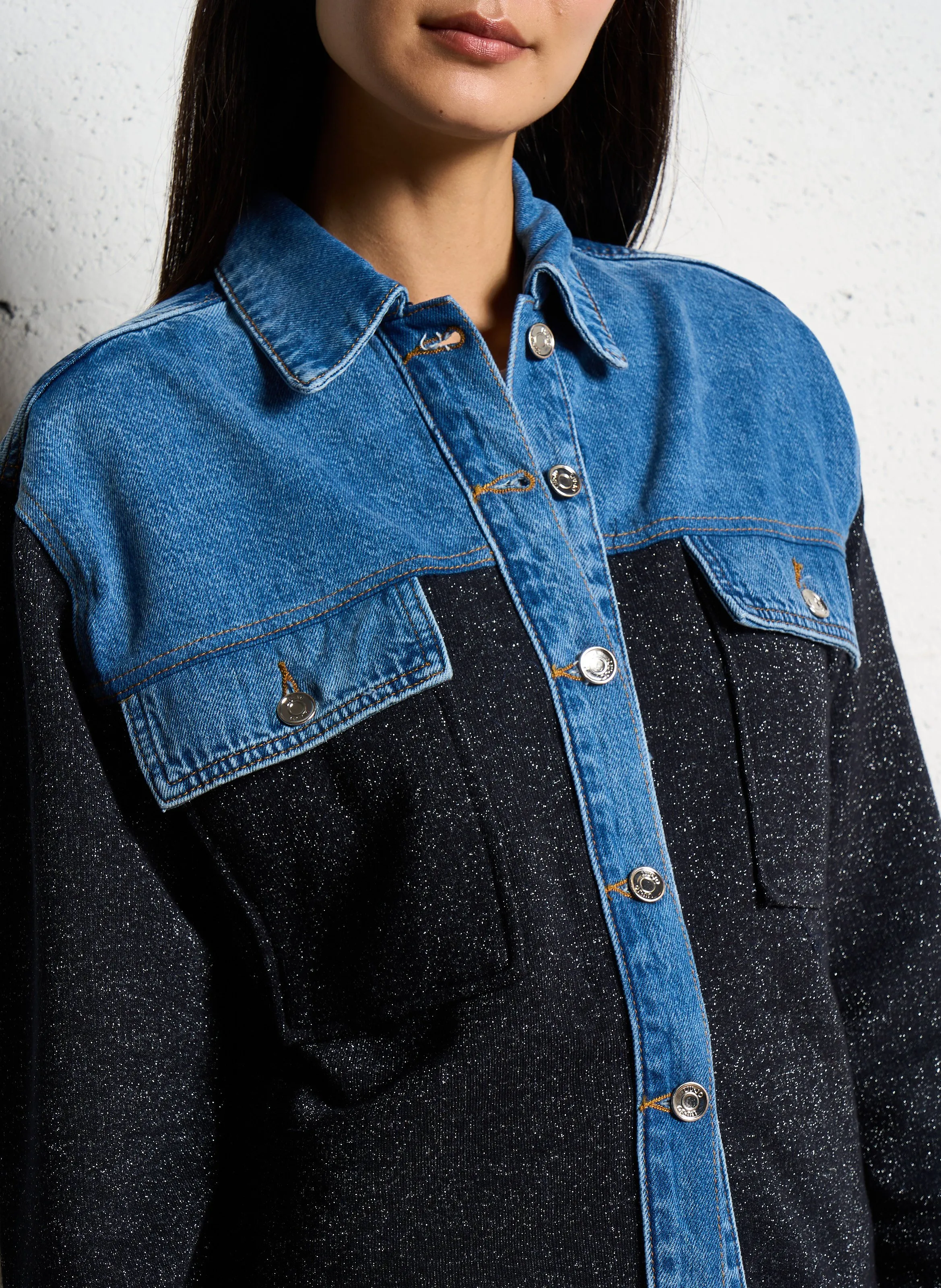  LIU JO   Camicia sovrapposta bimateriale in misto cotone | Blu