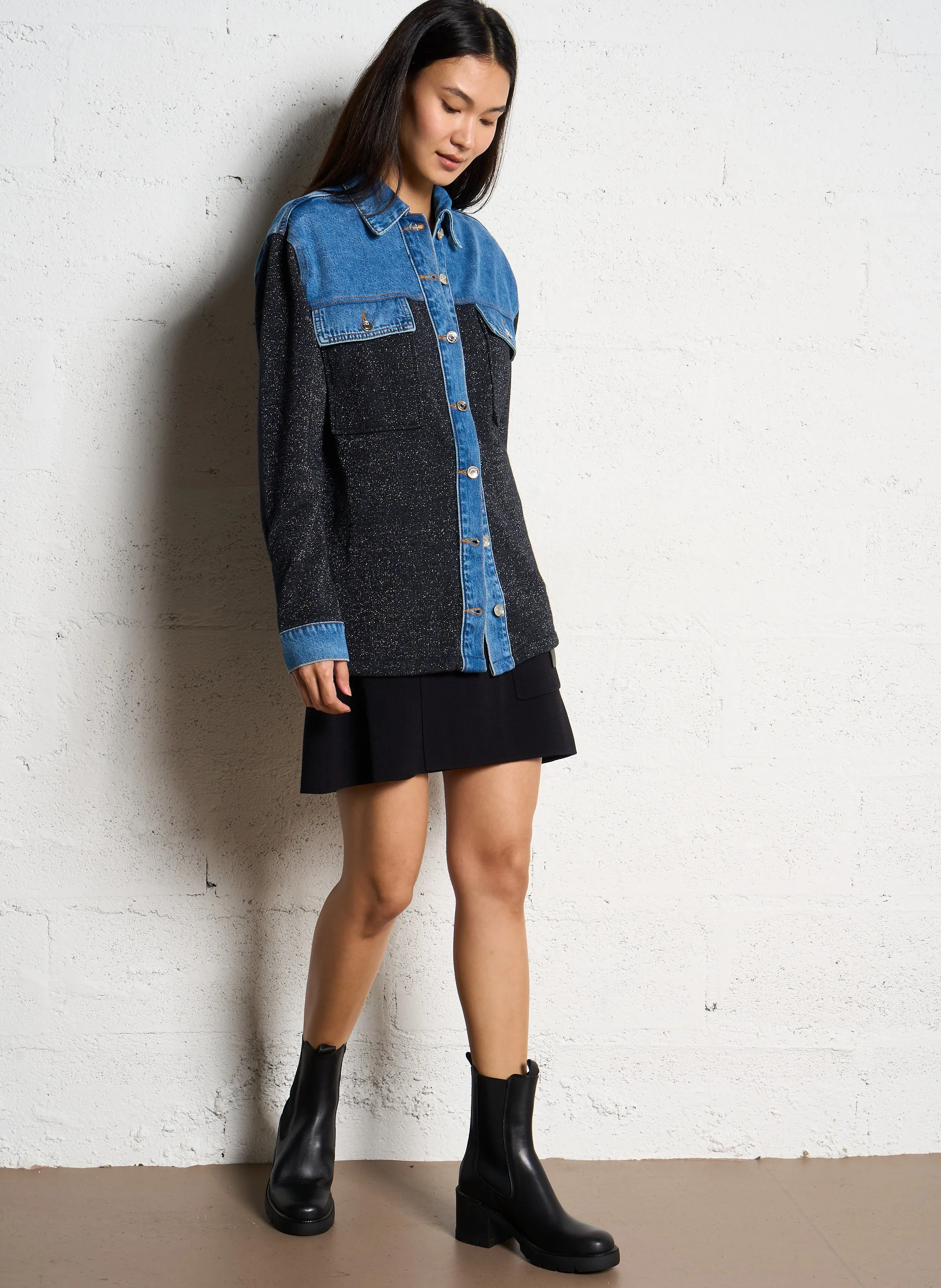  LIU JO   Camicia sovrapposta bimateriale in misto cotone | Blu