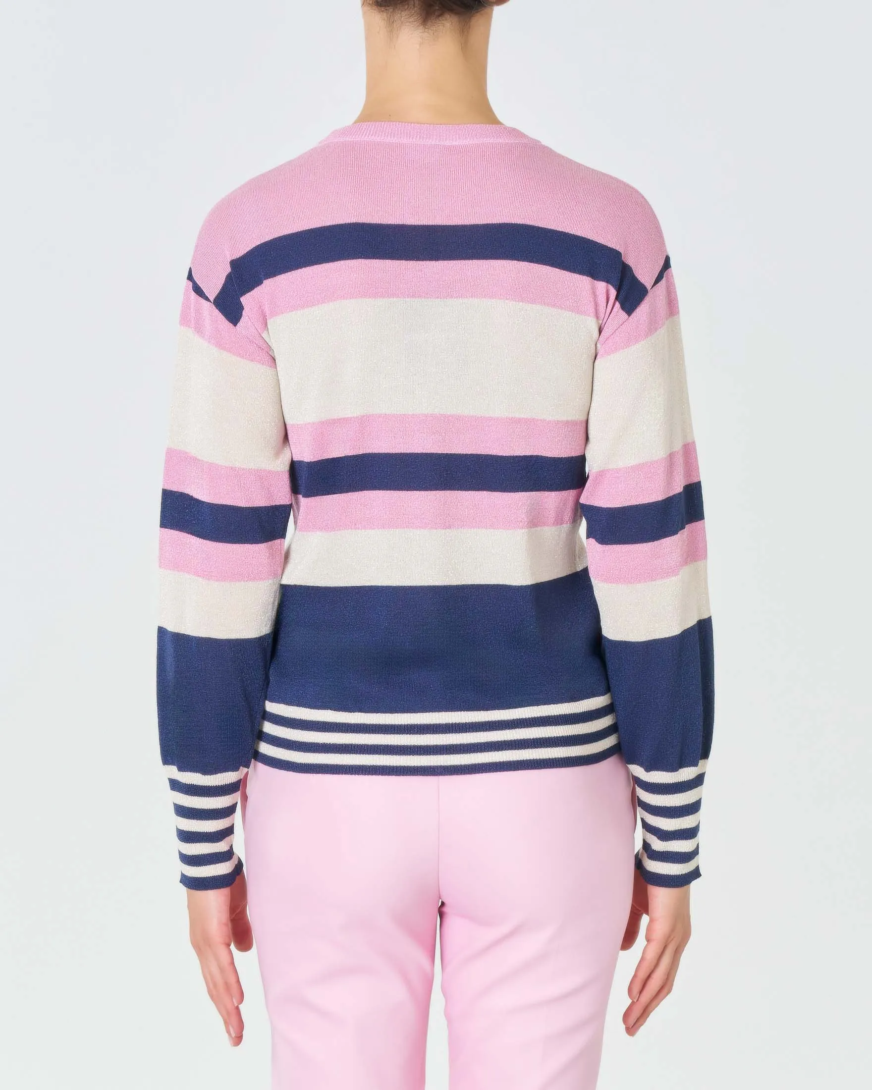 Maglia girocollo a righe blu rosa e beighe con inserti in lurex