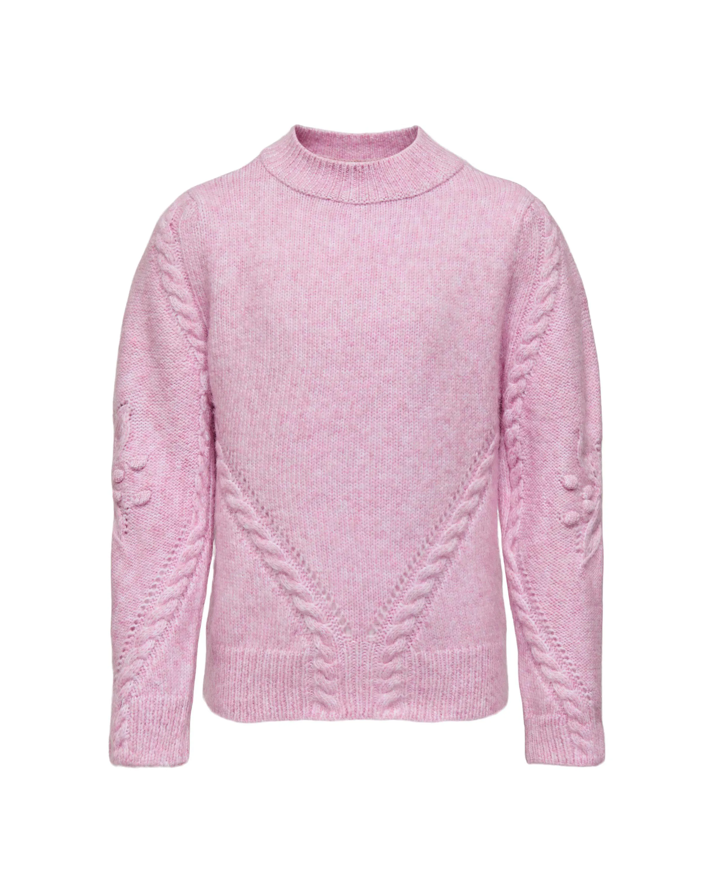 Maglia lupetto rosa melange con motivo punzonato e a trecce davanti e sulle maniche 8-14 anni