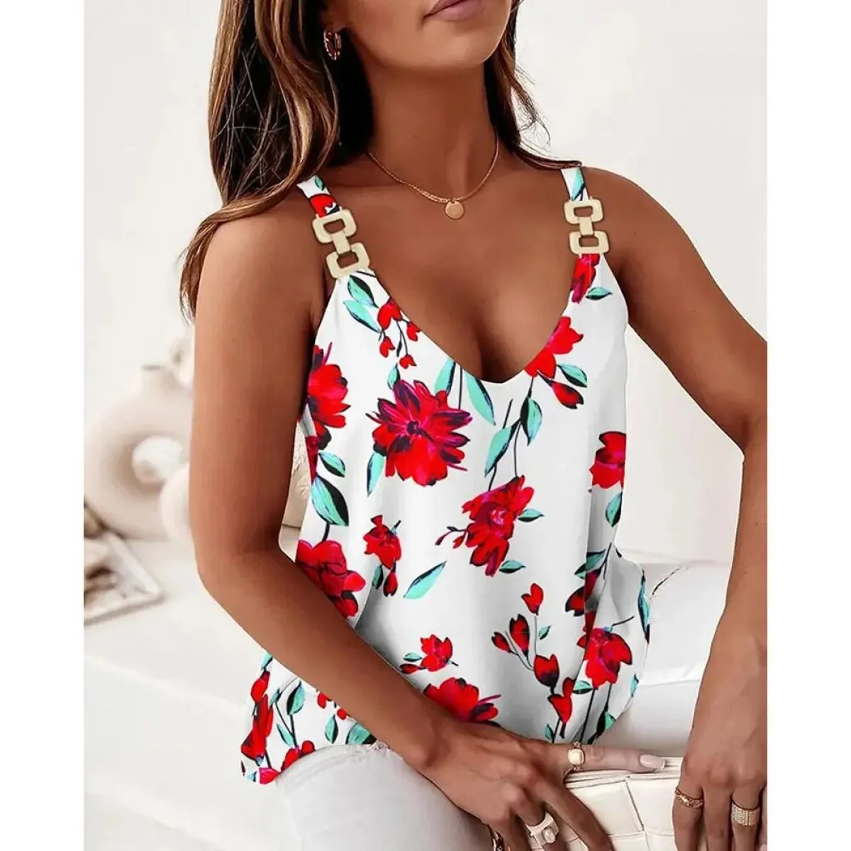 Maglietta estiva da donna con scollo a V taglio basso Canotte da donna Vacanza casual Gilet floreale allentato Maglietta Abbigli