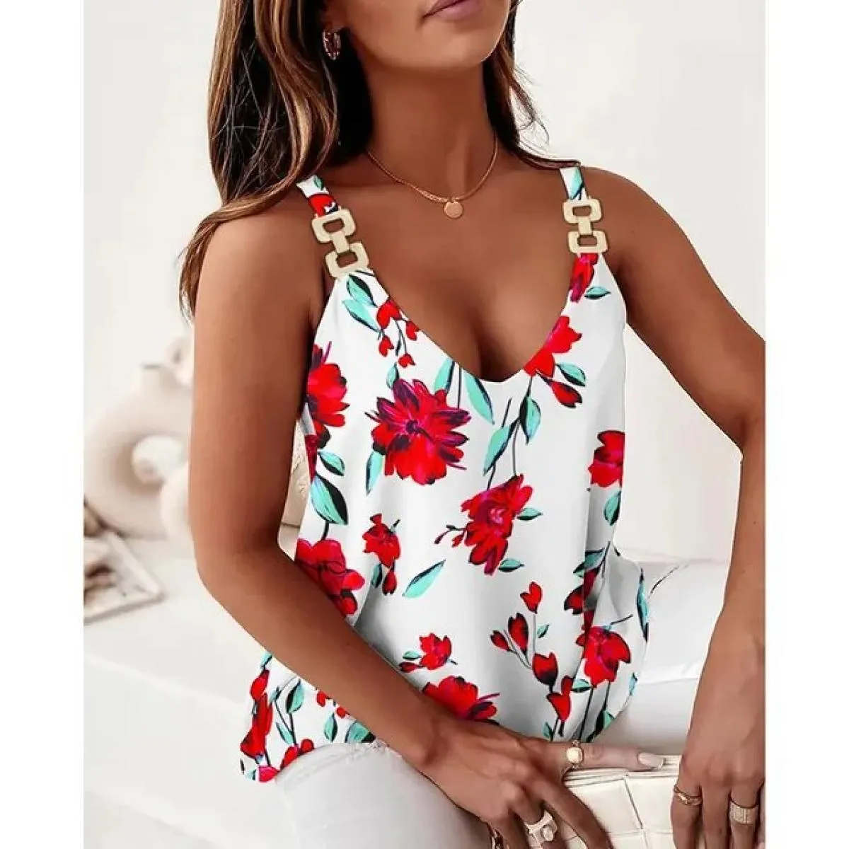 Maglietta estiva da donna con scollo a V taglio basso Canotte da donna Vacanza casual Gilet floreale allentato Maglietta Abbigli